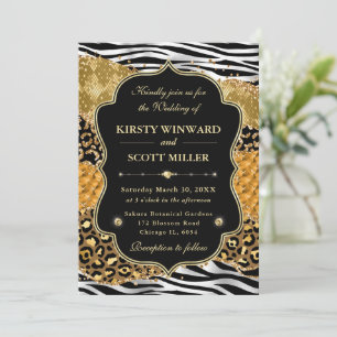 Jungle Safari Agate Gold & Zebra Stripes Wedding Invitation