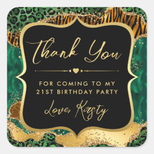 Jungle Safari Agate Green and Gold Birthday Square Sticker