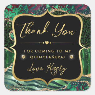 Jungle Safari Agate Green and Gold Quinceanera Square Sticker