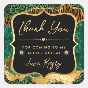 Jungle Safari Agate Green and Gold Quinceanera Square Sticker