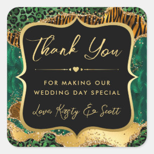 Jungle Safari Agate Green and Gold Wedding Square Sticker