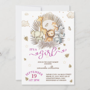 Jungle Safari Animal Baby Girl Shower  Invitation