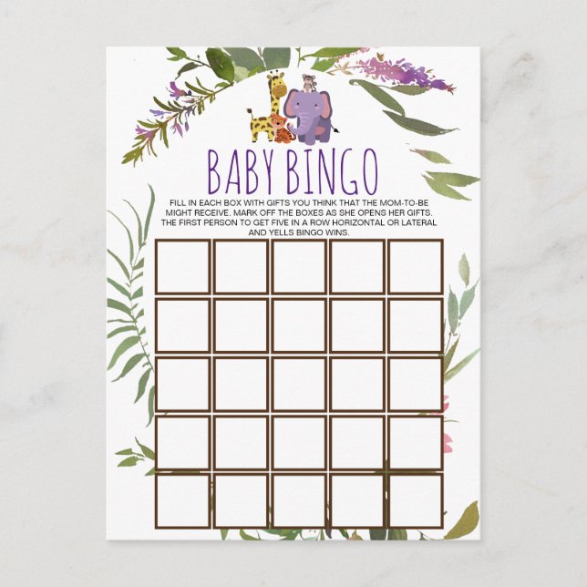 Jungle Safari Animal Baby Shower Bingo Card (Front)