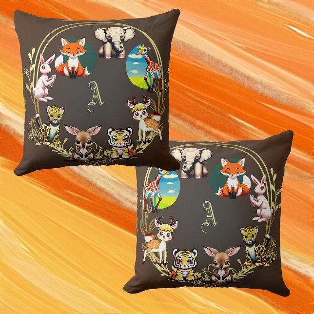 Jungle Safari Animal Kingdom Dark Woods Monogram  Cushion (Jungle Safari Animal Kingdom Dark Woods Monogram Throw Pillow)