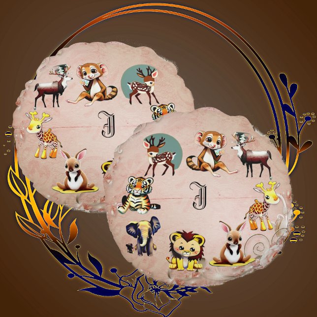 Jungle Safari Animal Kingdom Woodland Monogram Kid Round Cushion (Jungle Safari Animal Kingdom Woodland Monogram Kid Round Pillow)