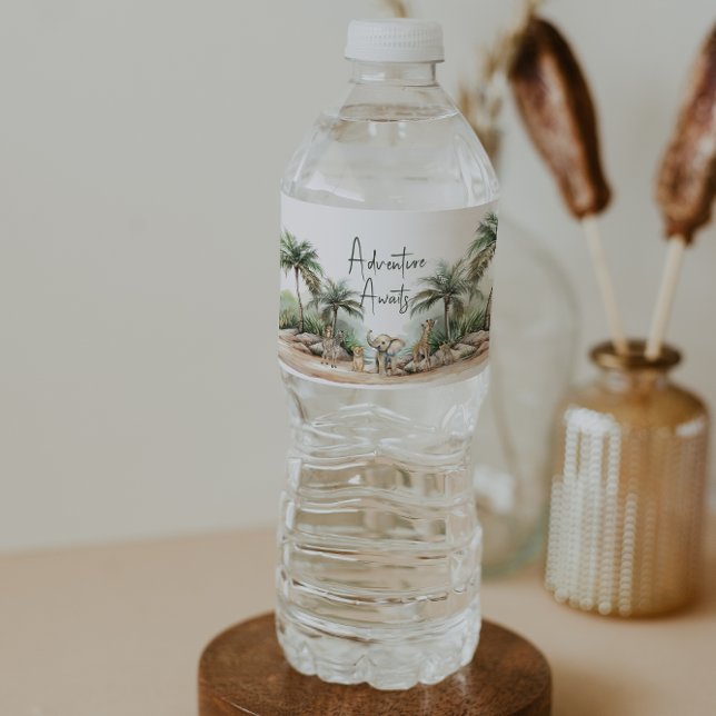 Jungle Safari Animals Adventure Awaits Baby Shower Water Bottle Label (Creator Uploaded)