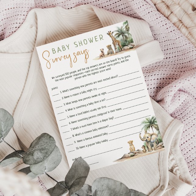 Jungle Safari Animals Baby Shower Survey Says Card (Creator Uploaded)