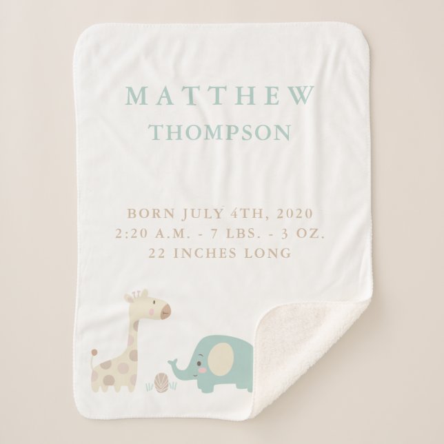 Jungle Safari Animals Birth Announcement Sherpa Blanket (Front)