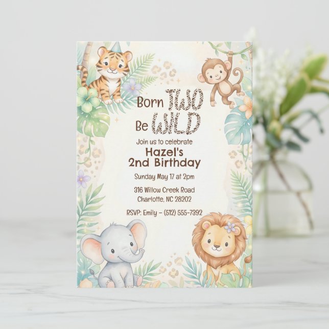 Jungle Safari Animals Born Two Be Wild  Birthday  Invitation (Standing Front)