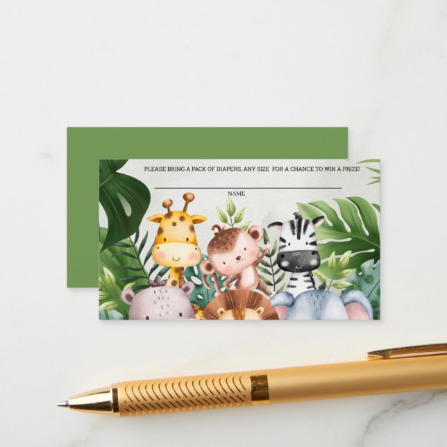  Jungle Safari Animals Boys Cute Diaper Raffle Enclosure Card (Front/Back In Situ)