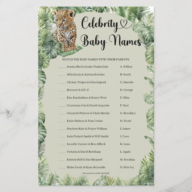 Jungle Safari Animals Celebrity Baby Names game (Front)