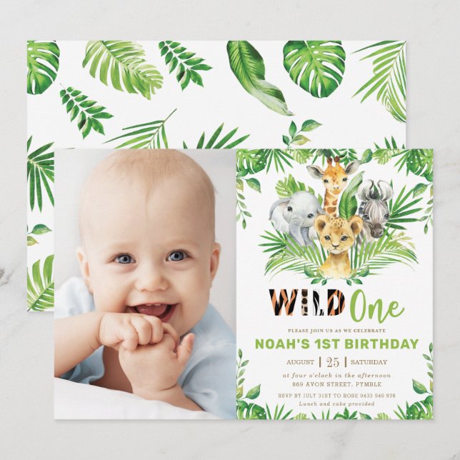 Jungle Safari Animals Greenery 1st Birthday Photo Invitation (Front/Back)