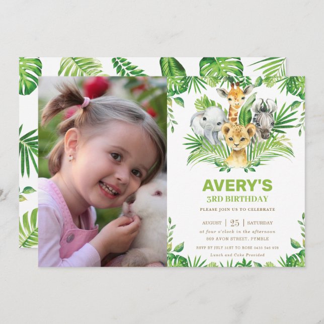 Jungle Safari Animals Greenery Birthday Photo Invitation (Front/Back)