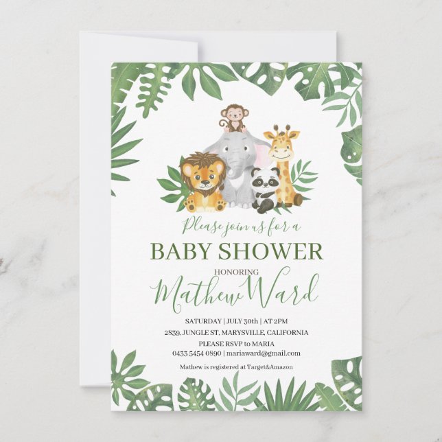 Jungle Safari Animals Greenery Boy Baby Shower Invitation (Front)