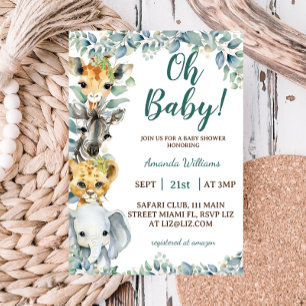 Jungle Safari Animals Greenery Floral Baby Shower Invitation
