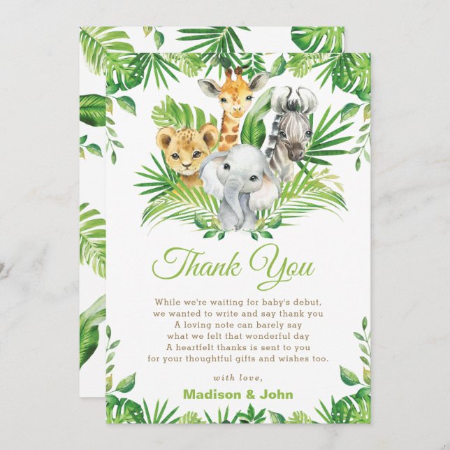 Jungle Safari Animals Greenery Neutral Baby Shower Thank You Card (Front/Back)
