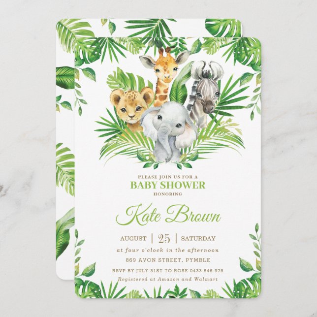 Jungle Safari Animals Greenery Nuetral Baby Shower Invitation (Front/Back)