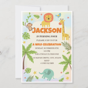 Jungle Safari Animals Kids Birthday Invitation