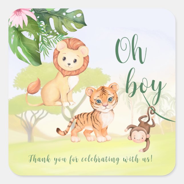 Jungle Safari Animals Oh Boy Baby Shower Square Sticker (Front)
