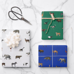 Jungle Safari Animals Pattern Blue Green Grey Wrapping Paper Sheet