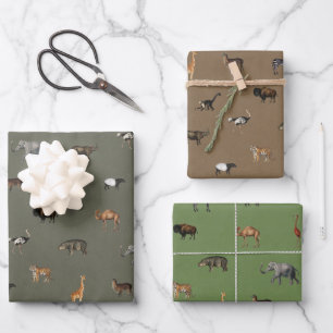 Jungle Safari Animals Pattern Green Brown Olive Wrapping Paper Sheet