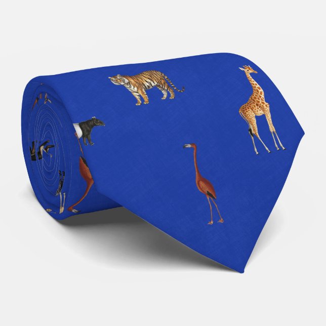 Jungle Safari Animals Pattern Royal Blue Neck Tie (Rolled)