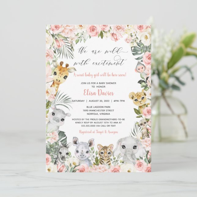 Jungle Safari Animals Pink Floral Baby Shower  Invitation (Standing Front)