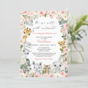 Jungle Safari Animals Pink Floral Baby Shower Invitation