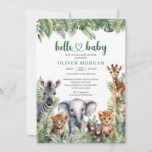 Jungle Safari Animals tropical greenery foliage Invitation (Front)