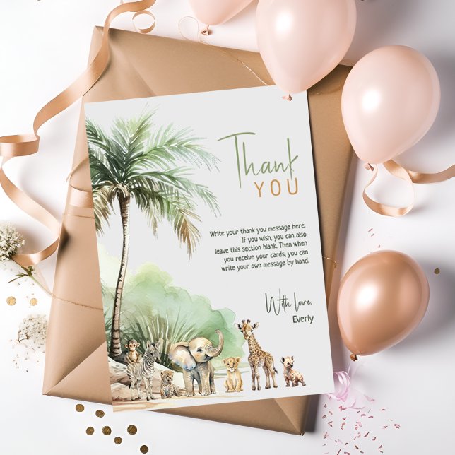 Jungle Safari Animals Vertical Kids Birthday Thank You Card (Creator Uploaded)