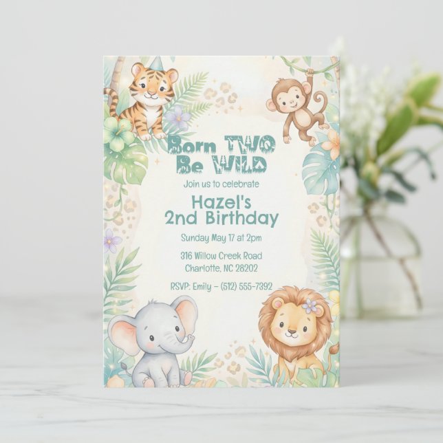 Jungle Safari Animals Wild One Second Birthday  Invitation (Standing Front)