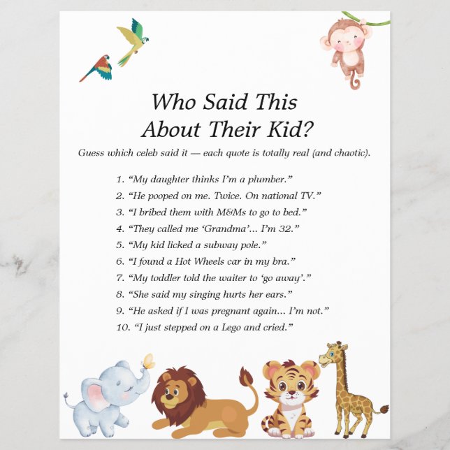 Jungle Safari Baby Shower Games Flyer (Front)