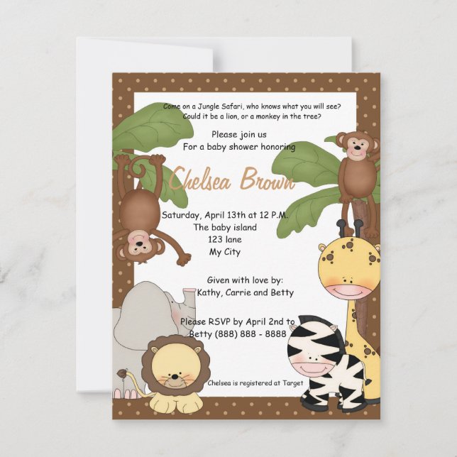 Jungle safari birthday baby shower invitation (Front)