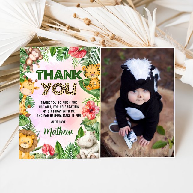 Jungle Safari Boy Birthday Party Photo Thank You Card (Creator Uploaded)