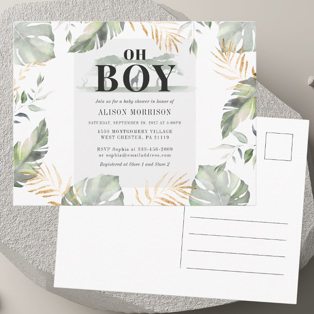 Jungle Safari Boy Giraffe Baby Shower Invitation Postcard (Jungle Safari Boy Giraffe Baby Shower Invitation Postcard)