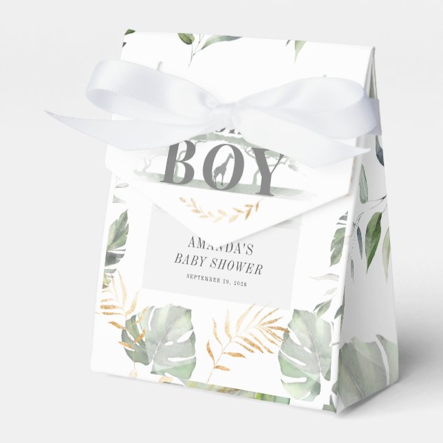 Jungle Safari Boy Giraffe Botanical Baby Shower Favour Box (Front Side)