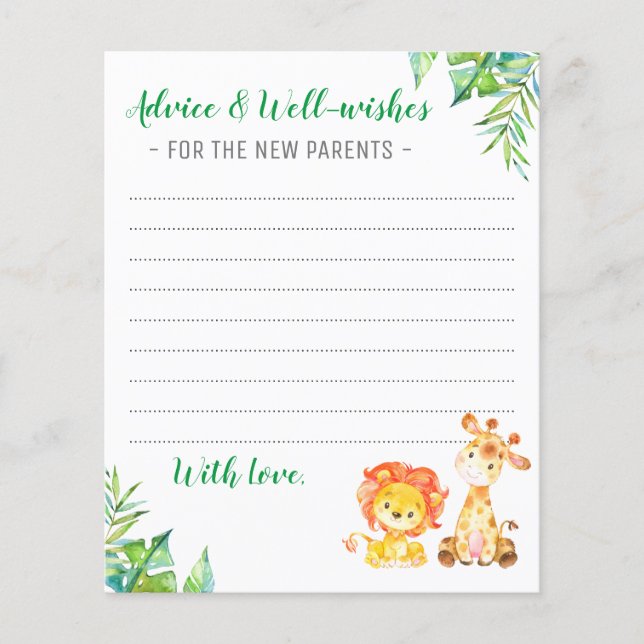 Jungle Safari Boy Shower New Parents Advice Cards (Front)