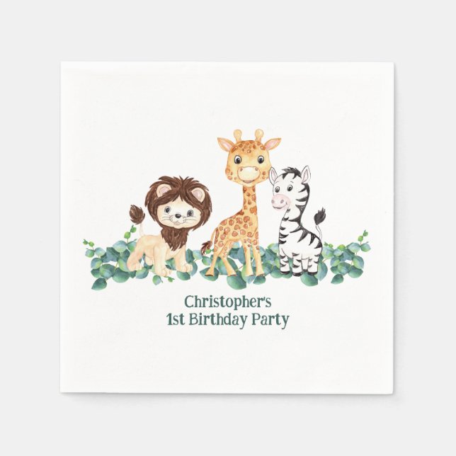 Jungle Safari Boys Giraffe Lion Zebra 1st Birthday Napkin (Front)