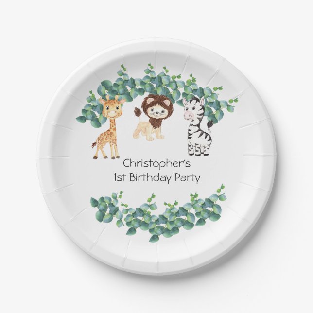 Jungle Safari Boys Giraffe Lion Zebra 1st Birthday Paper Plate (Front)