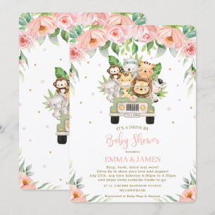 Jungle Safari Car Pink Floral Drive By Baby Shower Invitation