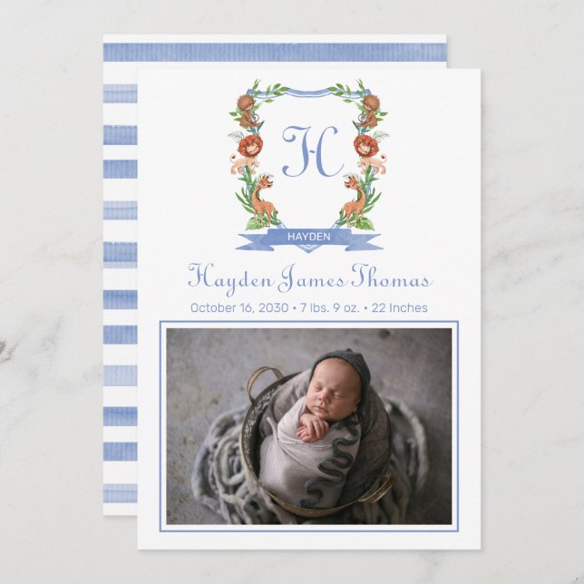 Jungle Safari Crest Birth Announcement (Front/Back)