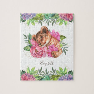 Jungle Safari Cute Floral Lion Cub Kids Name Jigsaw Puzzle