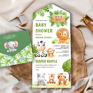 Jungle Safari Cute Wild Animals Boy Baby Shower All In One Invitation