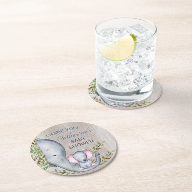 Jungle Safari Elephant Baby Shower Thank You Round Paper Coaster (Insitu)