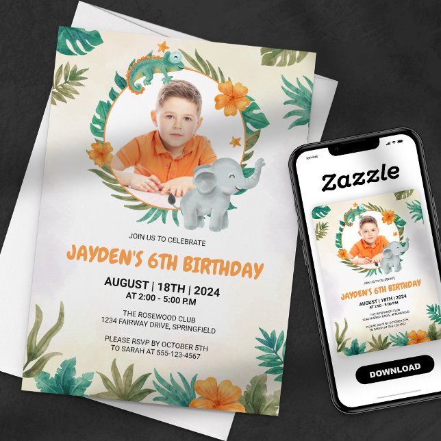 Jungle Safari Elephant Boy Photo Birthday Invitation (Creator Uploaded)
