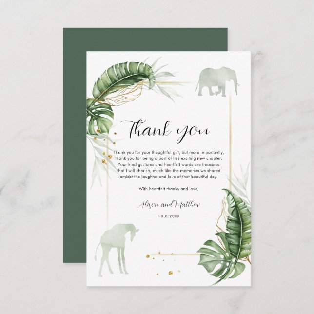 Jungle Safari Elephant Giraffe Baby Shower Thank You Card (Front/Back)