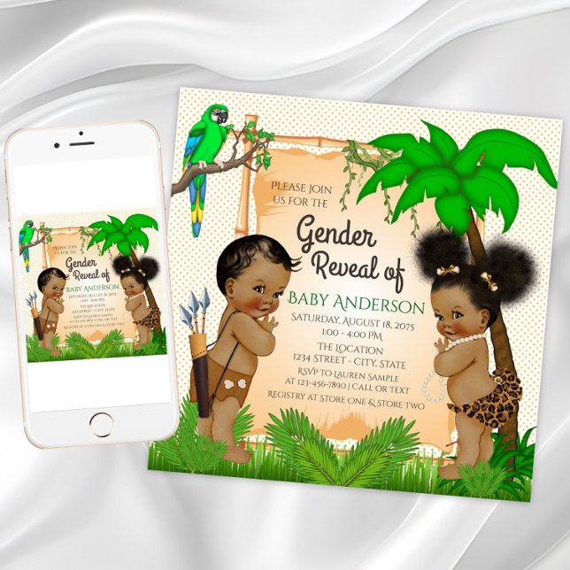 Jungle Safari Ethnic Gender Reveal Invitations (Cute safari gender reveal invitation. Instant download and printed invitations available. )