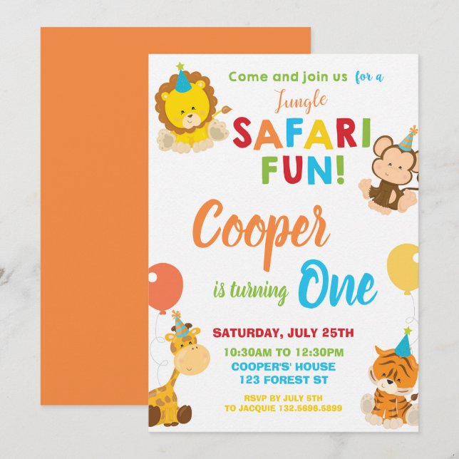 Jungle Safari Fun 1st Birthday Party Jungle Animal Invitation (Front/Back)