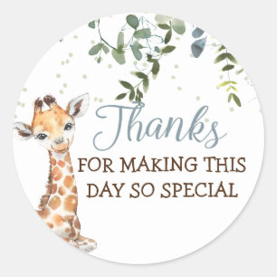 Jungle Safari Giraffe Blue Grey Thank You Classic Round Sticker