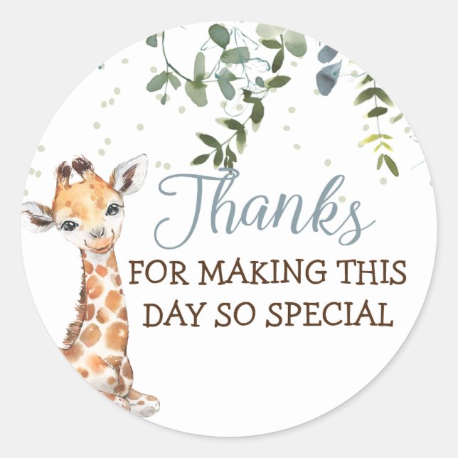 Jungle Safari Giraffe Blue Grey Thank You Classic Round Sticker (Front)